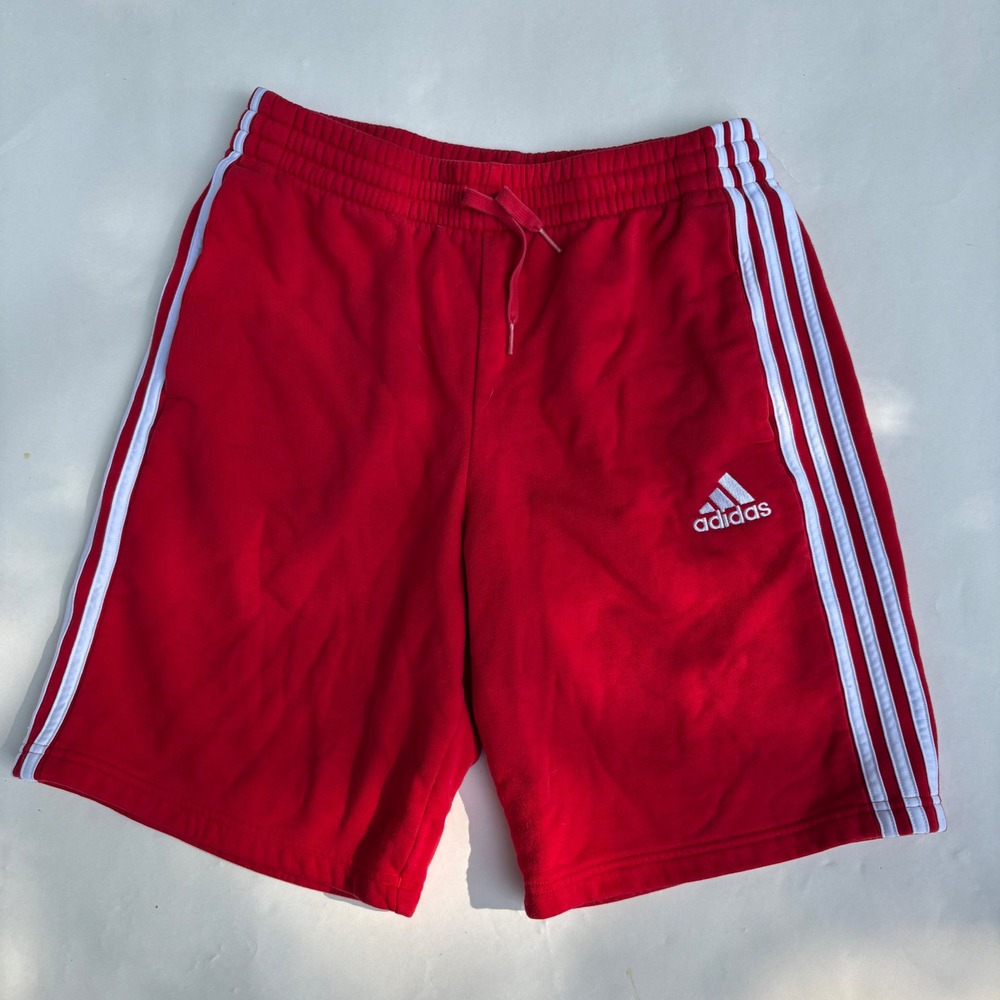 Adidas Mens Medium Red Fleece 3-Stripe Athletic Shorts Drawstring Gym Training